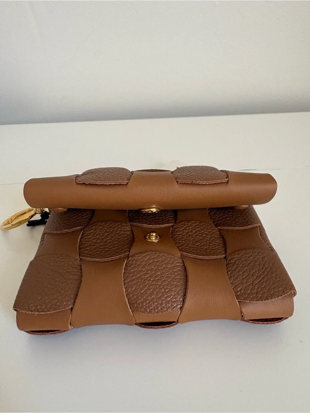 Polene Brown Woven Leather Key & Card Holder with Gold Ring